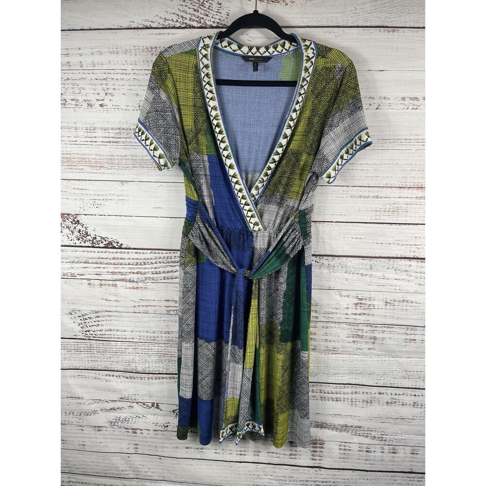 BCBGMAXAZRIA Dress Womens Large Multicolor Geometric Wrap Fit Flare Jersey
